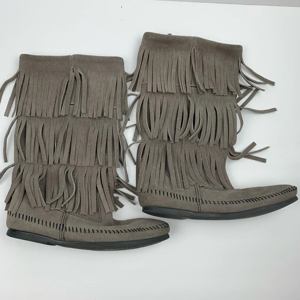 Minnetonka 3 Layer Fringe Boots Western Suede - image 2